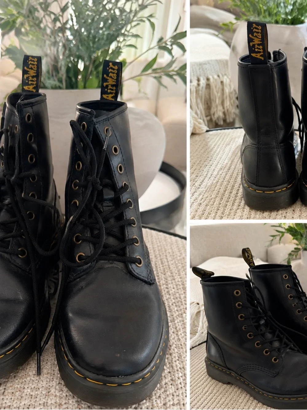 Dr. Martens Black Leather Lace-Up Boots with Yellow Stitching